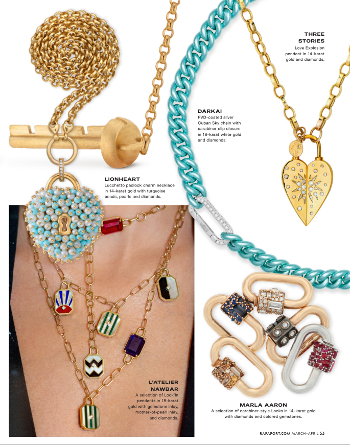 FASTENER FASHION Clipping onto charms or hanging on their own, lock-themed jewels combine function and flair.