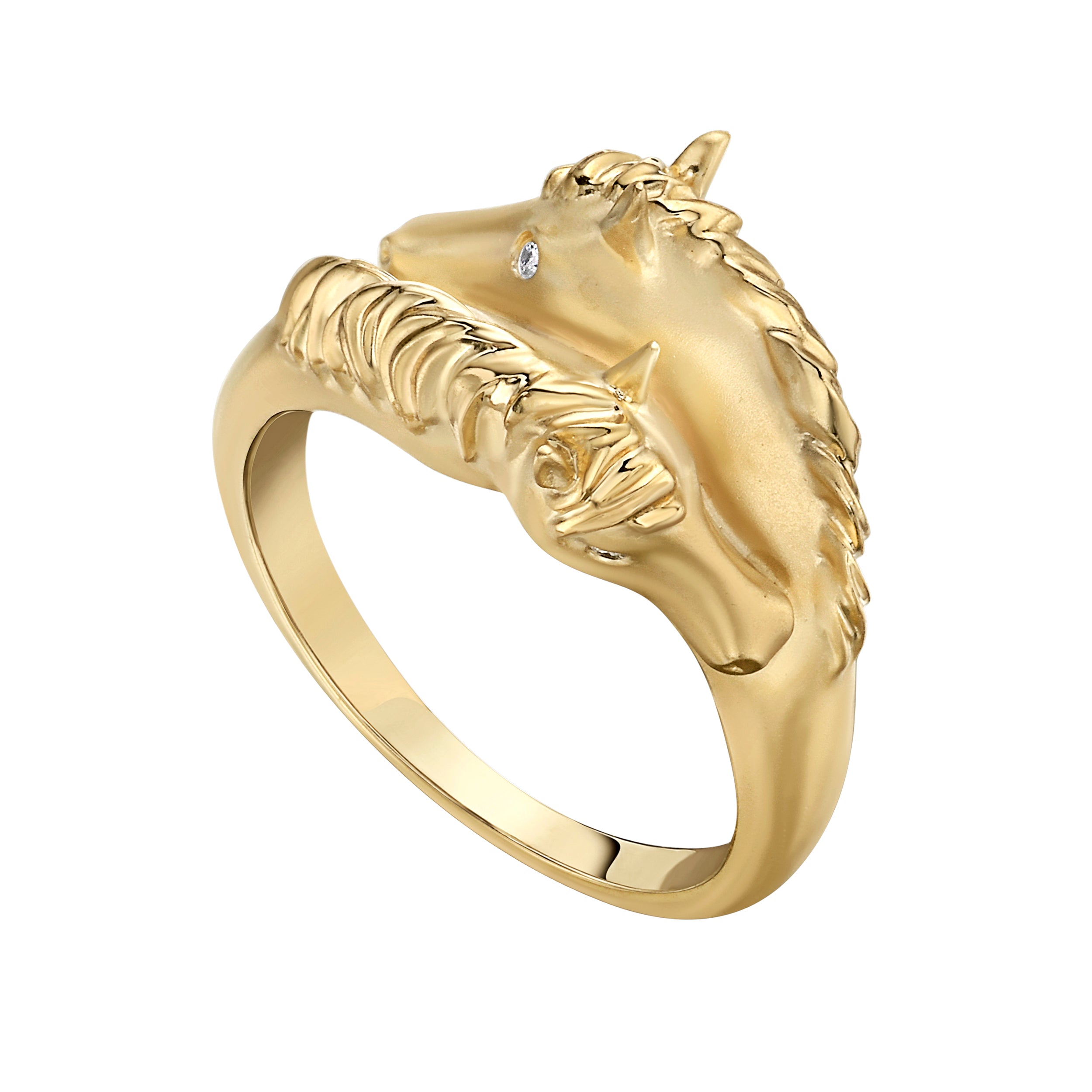 Gold horse head ring with a diamond on a white background