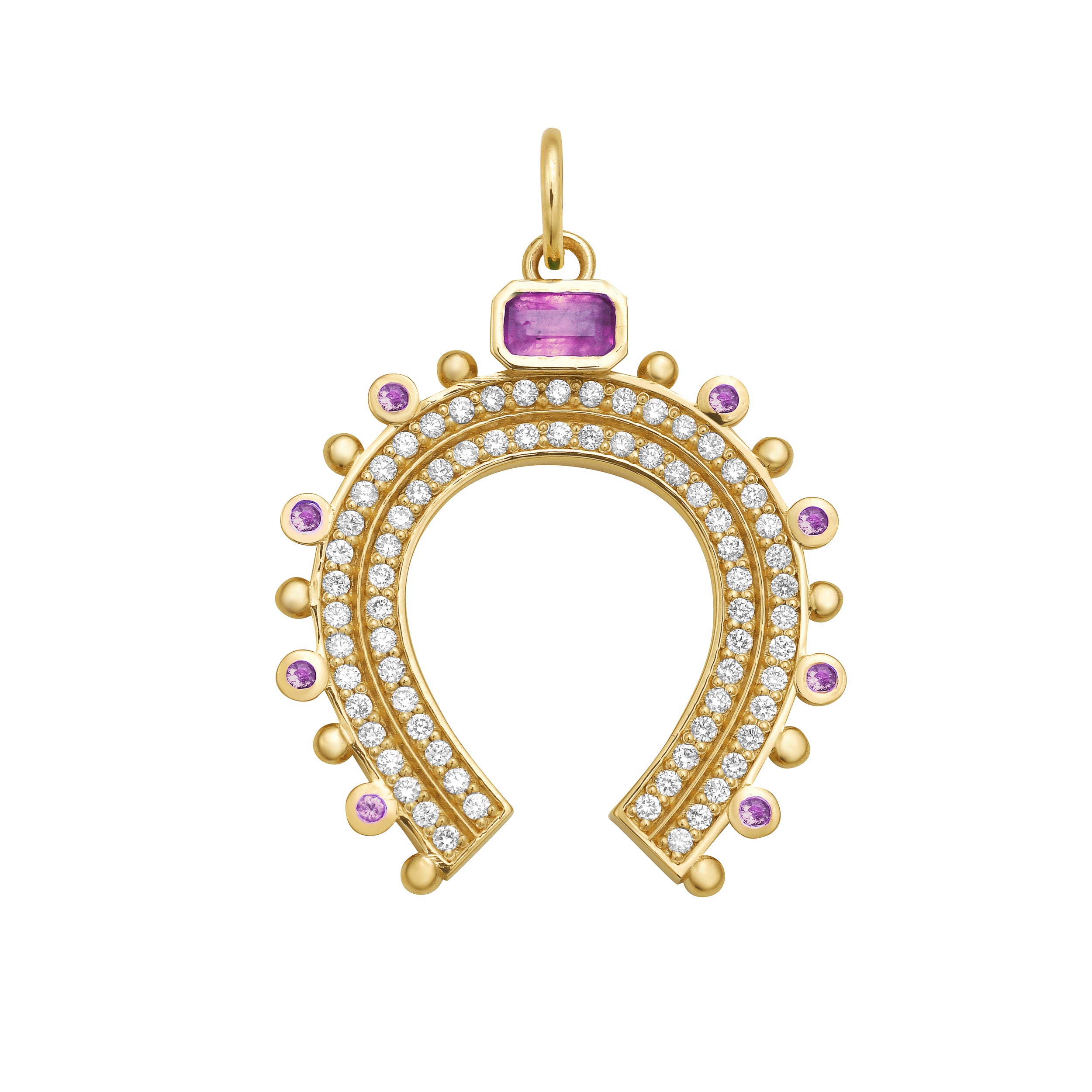 Gold horseshoe-shaped charm with gemstones and diamonds on a white background