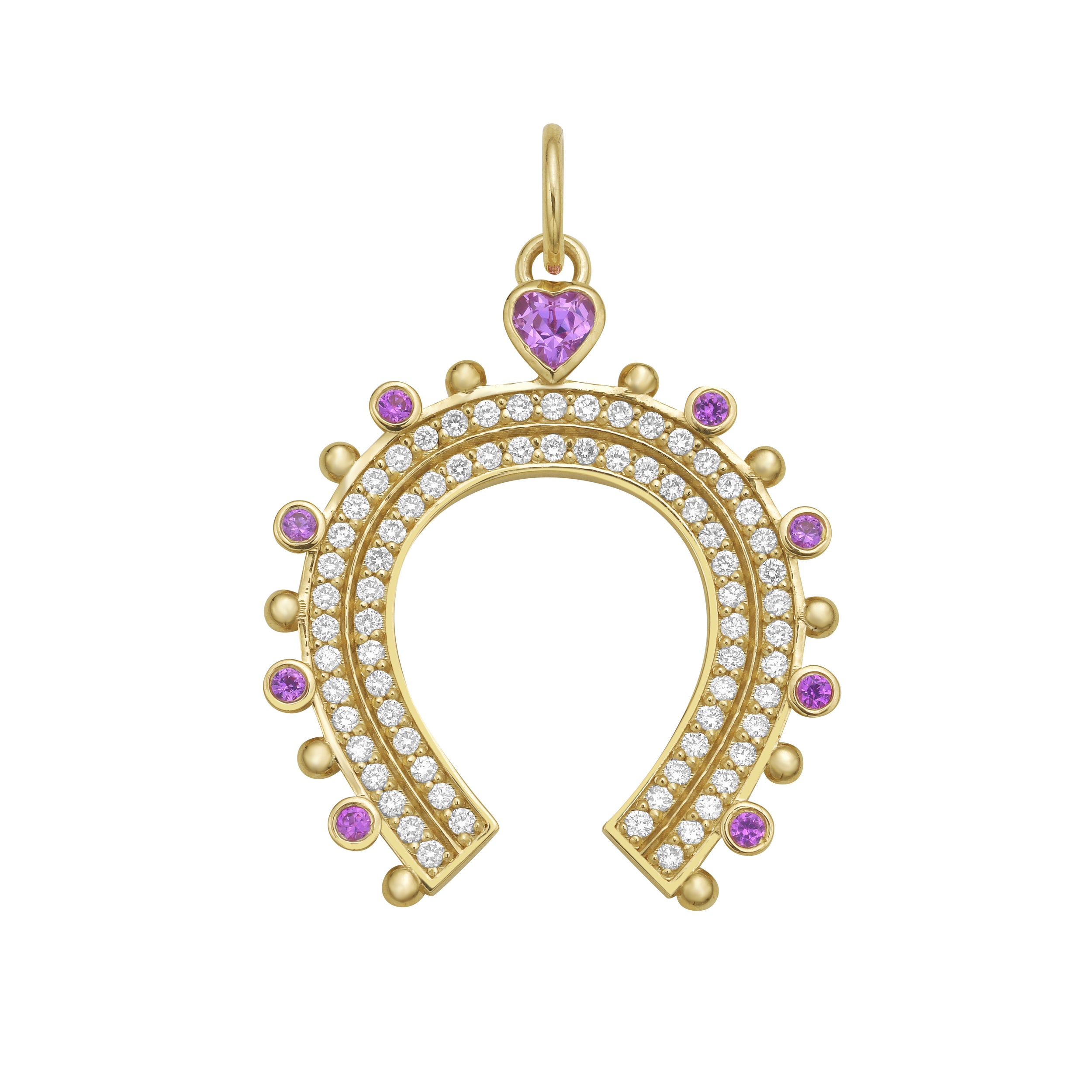 Gold horseshoe-shaped charm with gemstones and diamonds on a white background