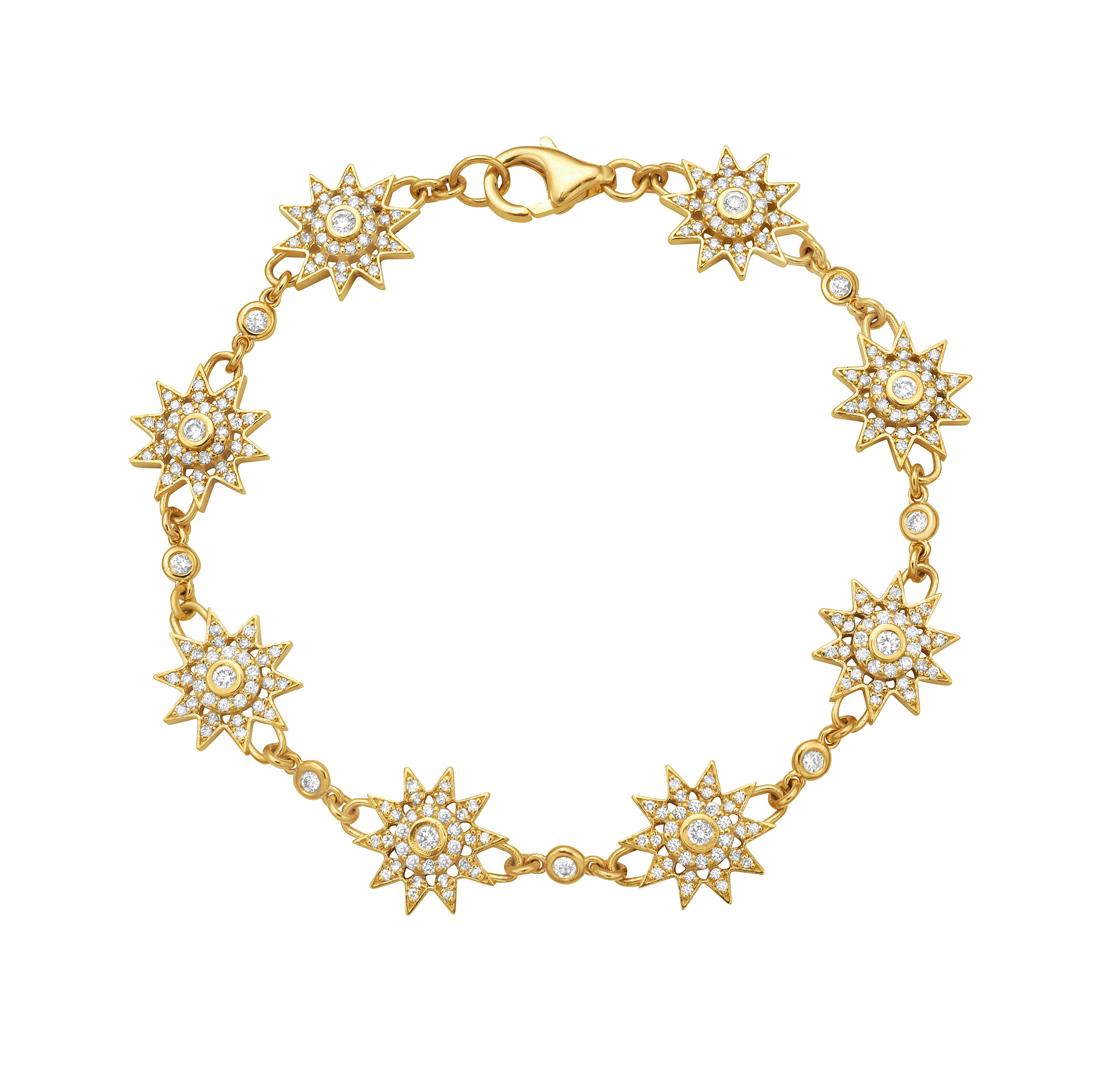 Gold bracelet with star-shaped charms featuring diamonds on a white background