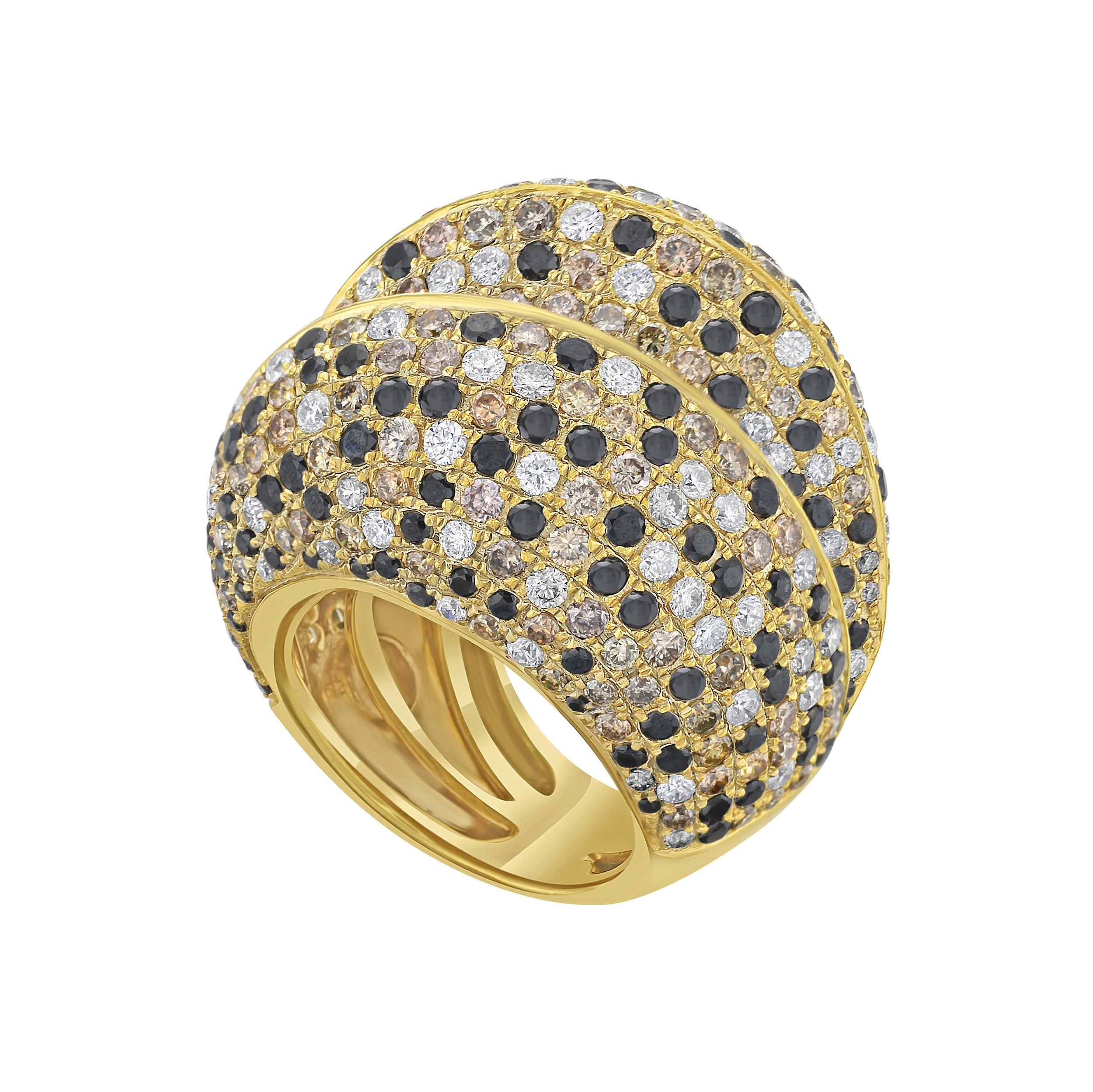 An 18-karat yellow gold cocktail ring with a leopard pattern, adorned with black and brown diamonds.
