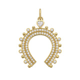 Gold horseshoe-shaped charm with gemstones and diamonds on a white background