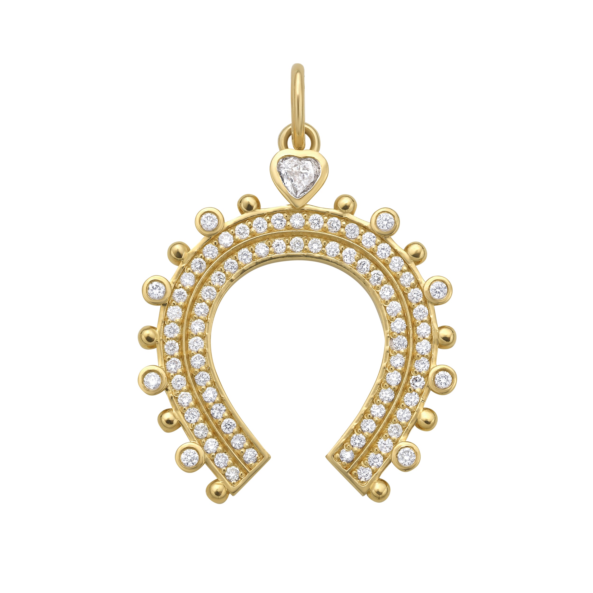Gold horseshoe-shaped charm with gemstones and diamonds on a white background