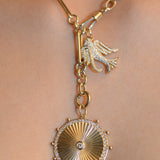 Cassandane Large Sun Medallion & Lovey Diamond Baby Bird Charm Trombone Necklace