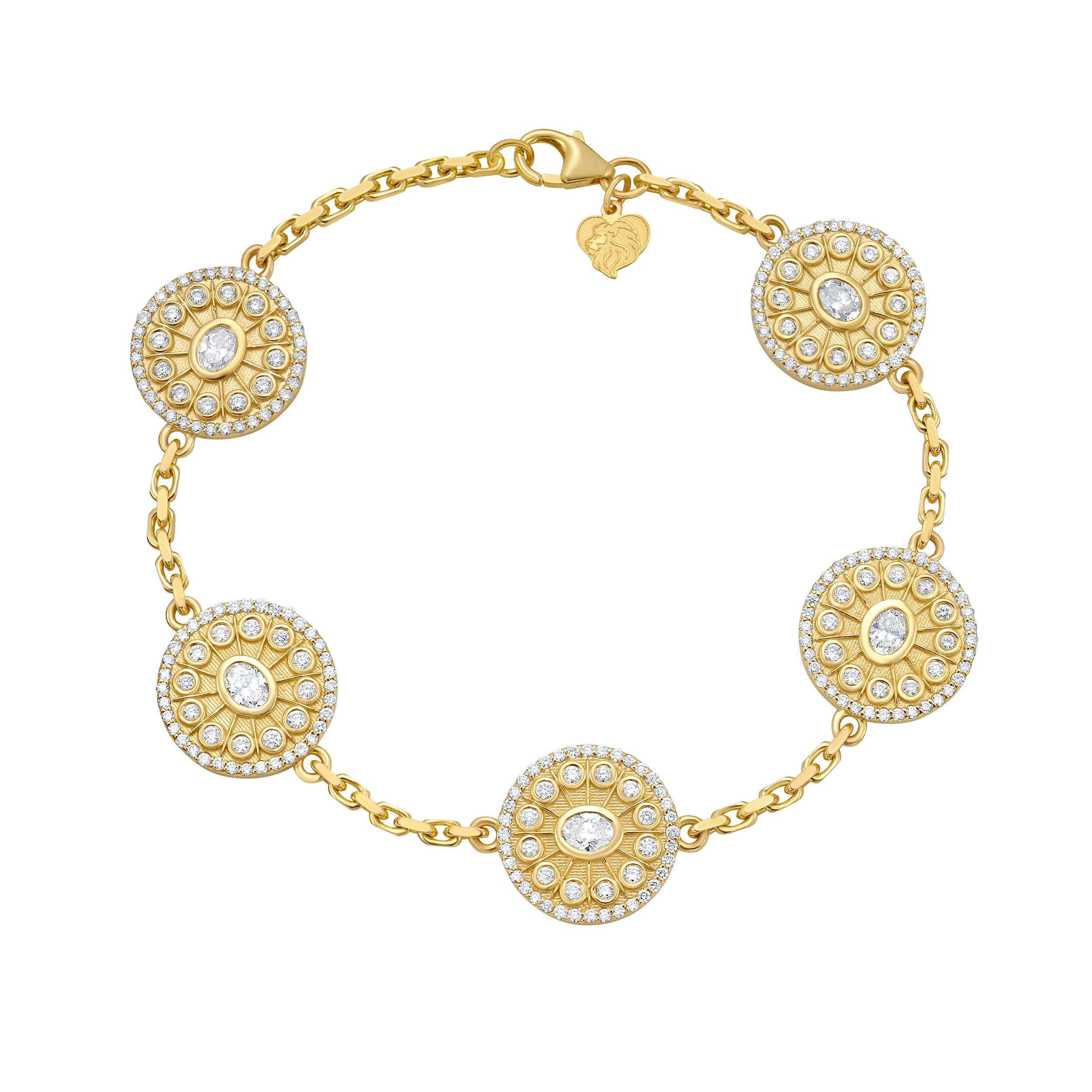 Close-up of the Diamond Serenity Charm Bracelet by Lionheart, featuring five sparkling diamond amulet charms on a delicate 14K gold chain.