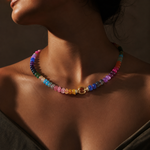 A close-up of a model's neck and upper chest wearing a beaded choker necklace. The necklace features translucent, faceted gemstone beads in a rainbow gradient transitioning from purple and blue to green, yellow, orange, and pink, culminating in a polished gold clasp.
