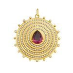 Aurelia pink tourmaline charm by Lionheart — fluted 14K gold medallion with diamond bead halo, crafted as a modern heirloom