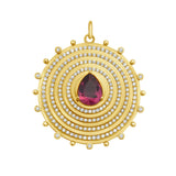 Aurelia pink tourmaline charm by Lionheart — fluted 14K gold medallion with diamond bead halo, crafted as a modern heirloom
