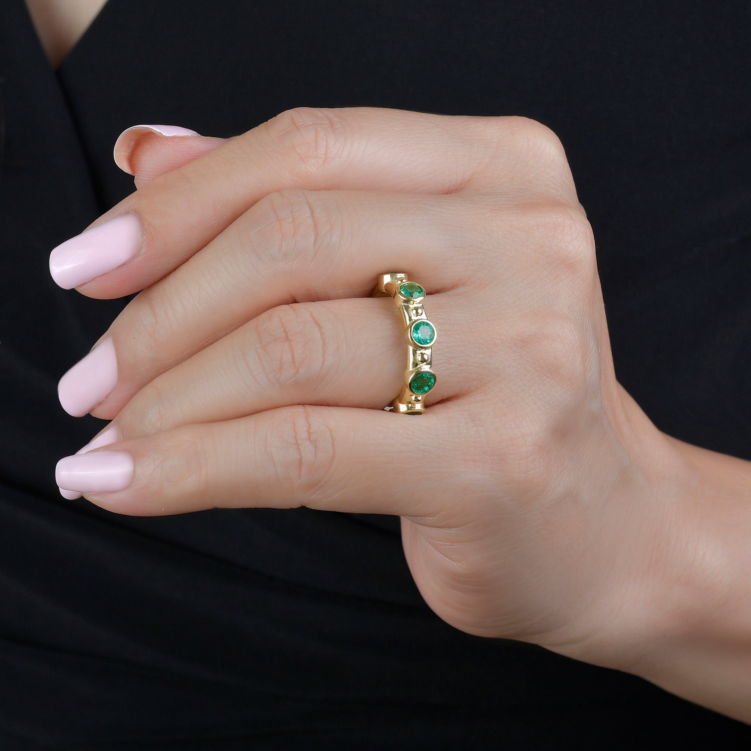 Lionheart Aurelia 14K gold stackable ring with emeralds — luxury gemstone band for layering