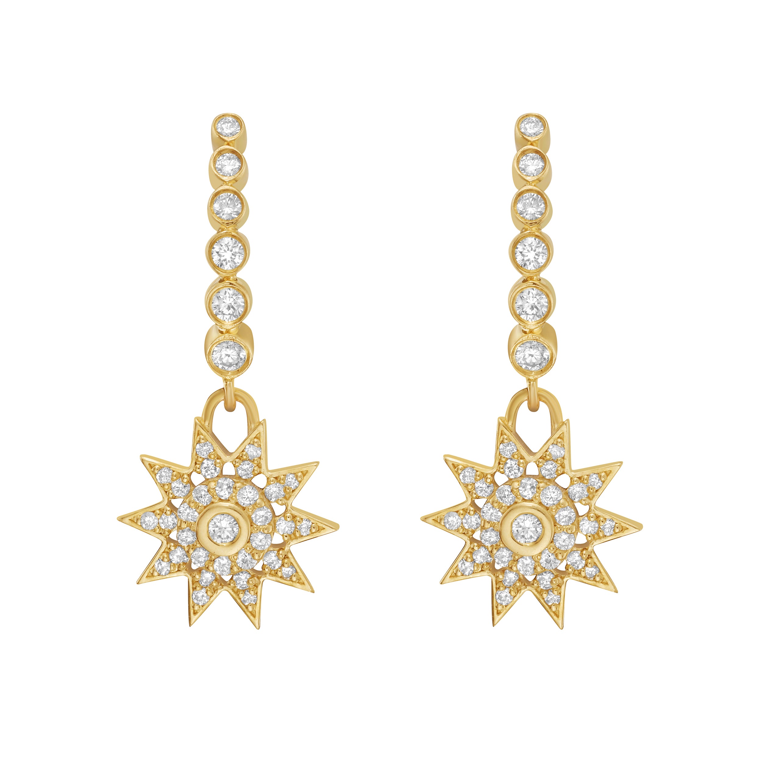 Lionheart Lumière diamond star dangle earrings in 14K gold — luminous celestial drops inspired by the elegance of Victorian star jewelry