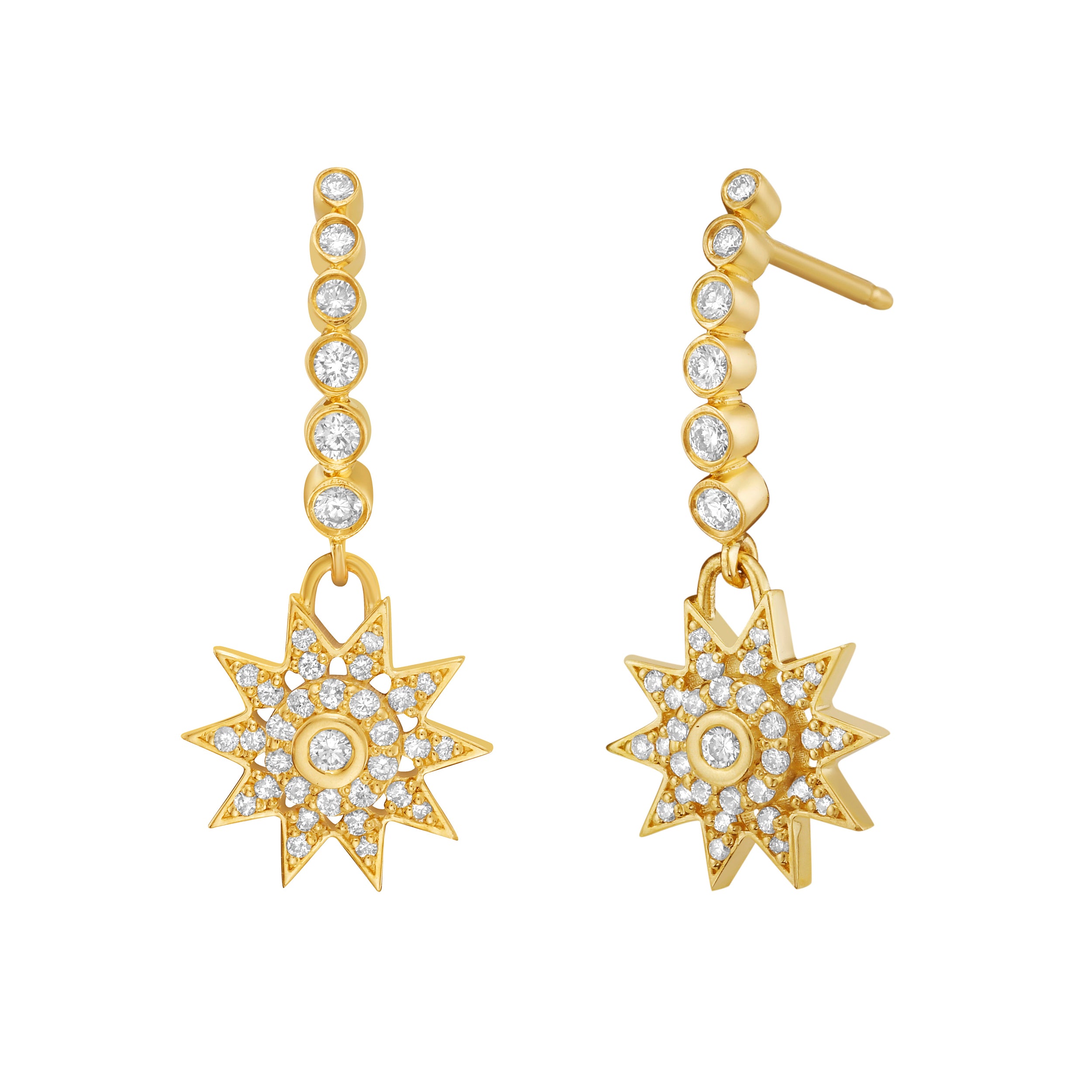 Lionheart Lumière diamond star dangle earrings in 14K gold — luminous celestial drops inspired by the elegance of Victorian star jewelry