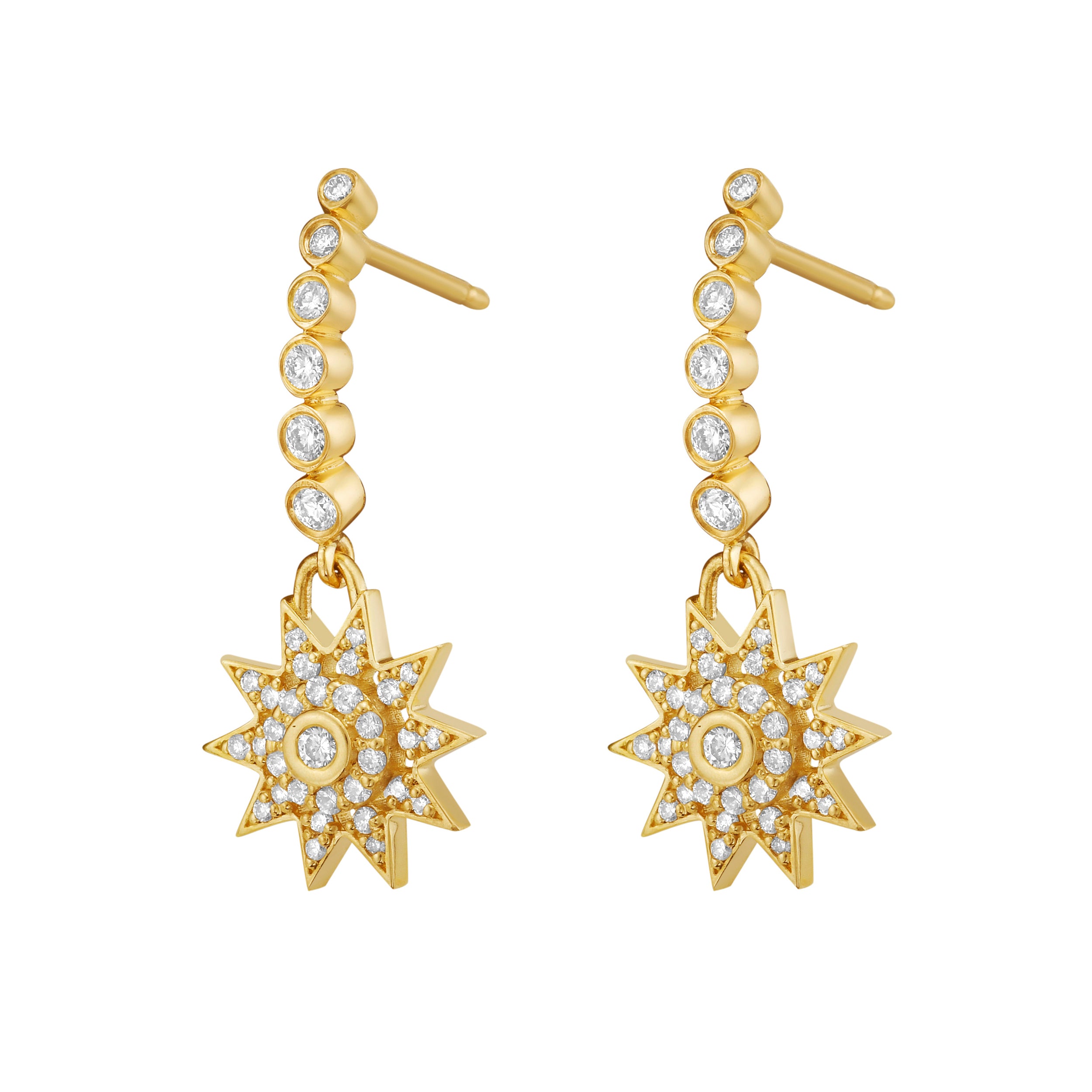Lionheart Lumière diamond star dangle earrings in 14K gold — luminous celestial drops inspired by the elegance of Victorian star jewelry