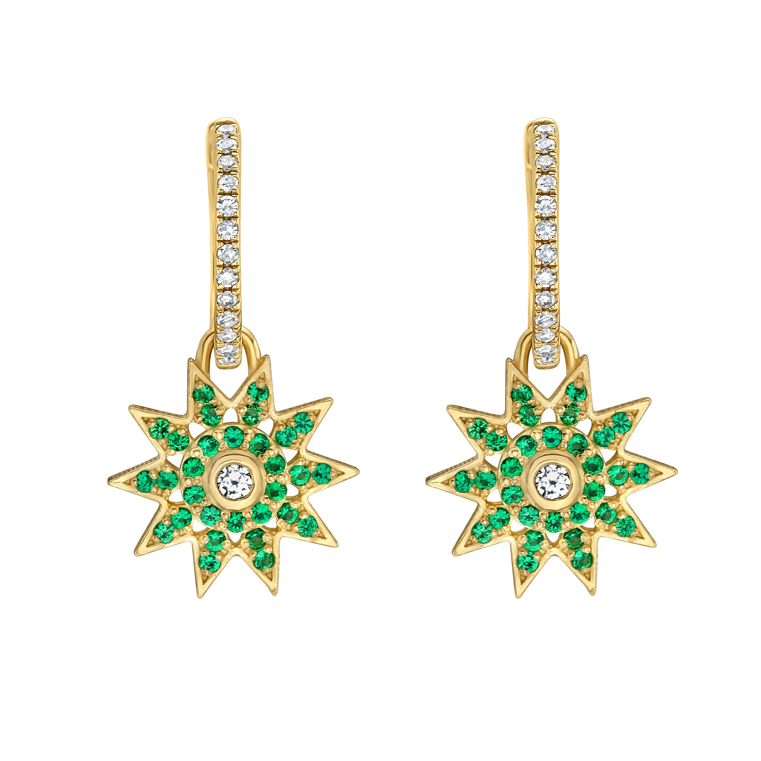 Lionheart Lumière emerald star dangle earrings in 14K gold — elegant celestial drops inspired by the romance of Victorian star jewelry