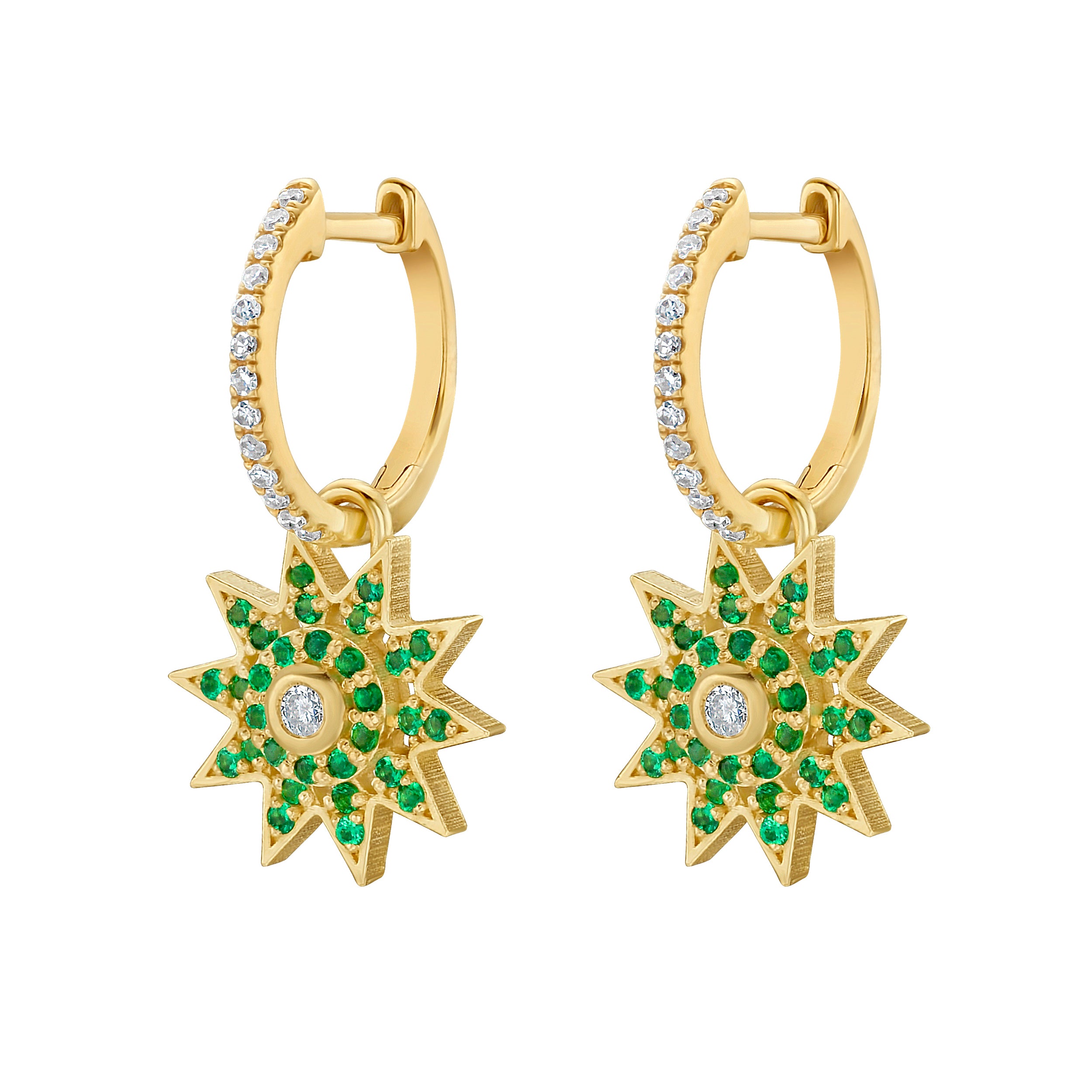 Lionheart Lumière emerald star dangle earrings in 14K gold — elegant celestial drops inspired by the romance of Victorian star jewelry
