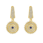 Lionheart Soraya evil eye dangle earrings in 14K gold with sapphire & diamonds — symbolic protective drop earrings