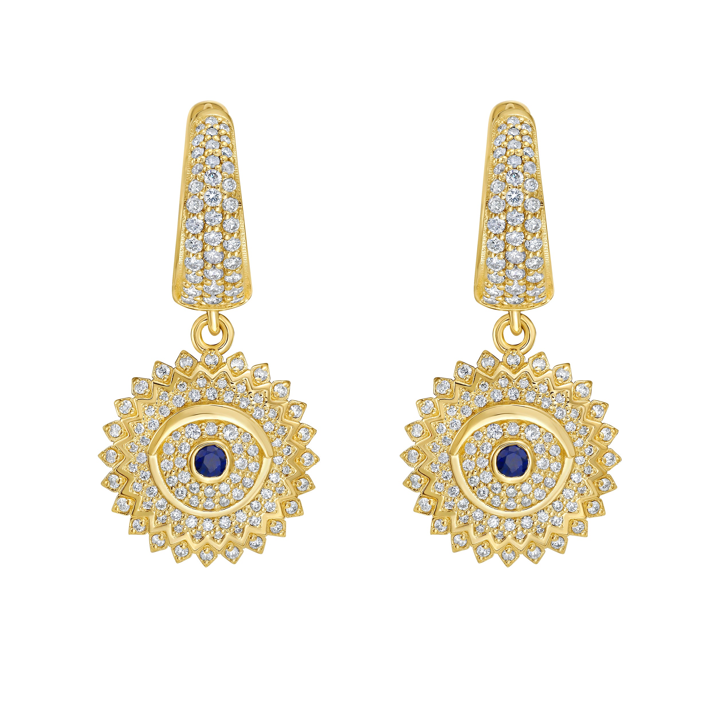 Lionheart Soraya evil eye dangle earrings in 14K gold with sapphire & diamonds — symbolic protective drop earrings