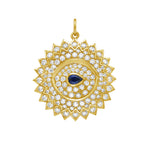 Lionheart Soraya pear-shaped sapphire evil eye medallion in 14K gold with diamonds — protective evil eye medallion