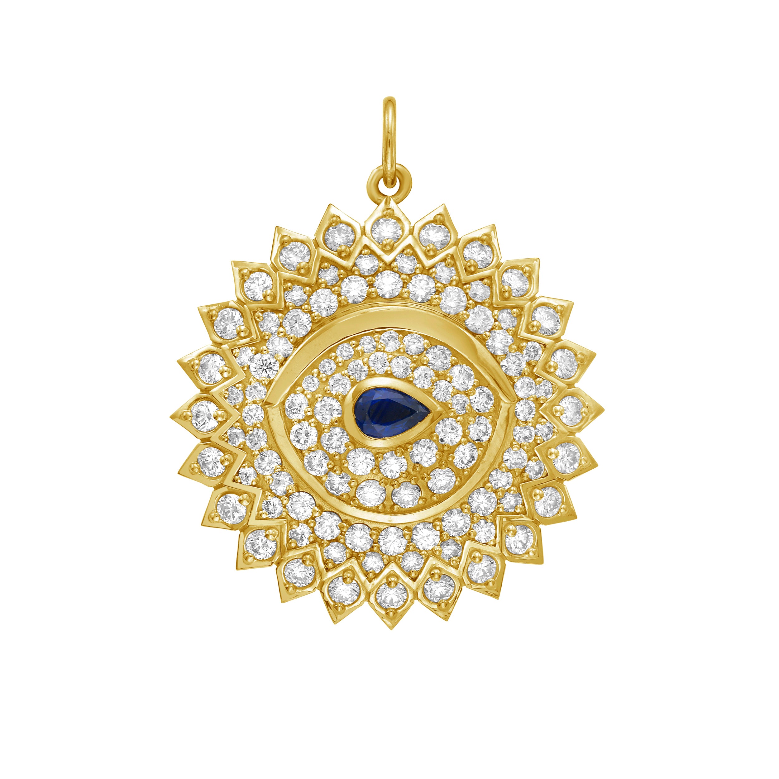 Lionheart Soraya pear-shaped sapphire evil eye medallion in 14K gold with diamonds — protective evil eye medallion