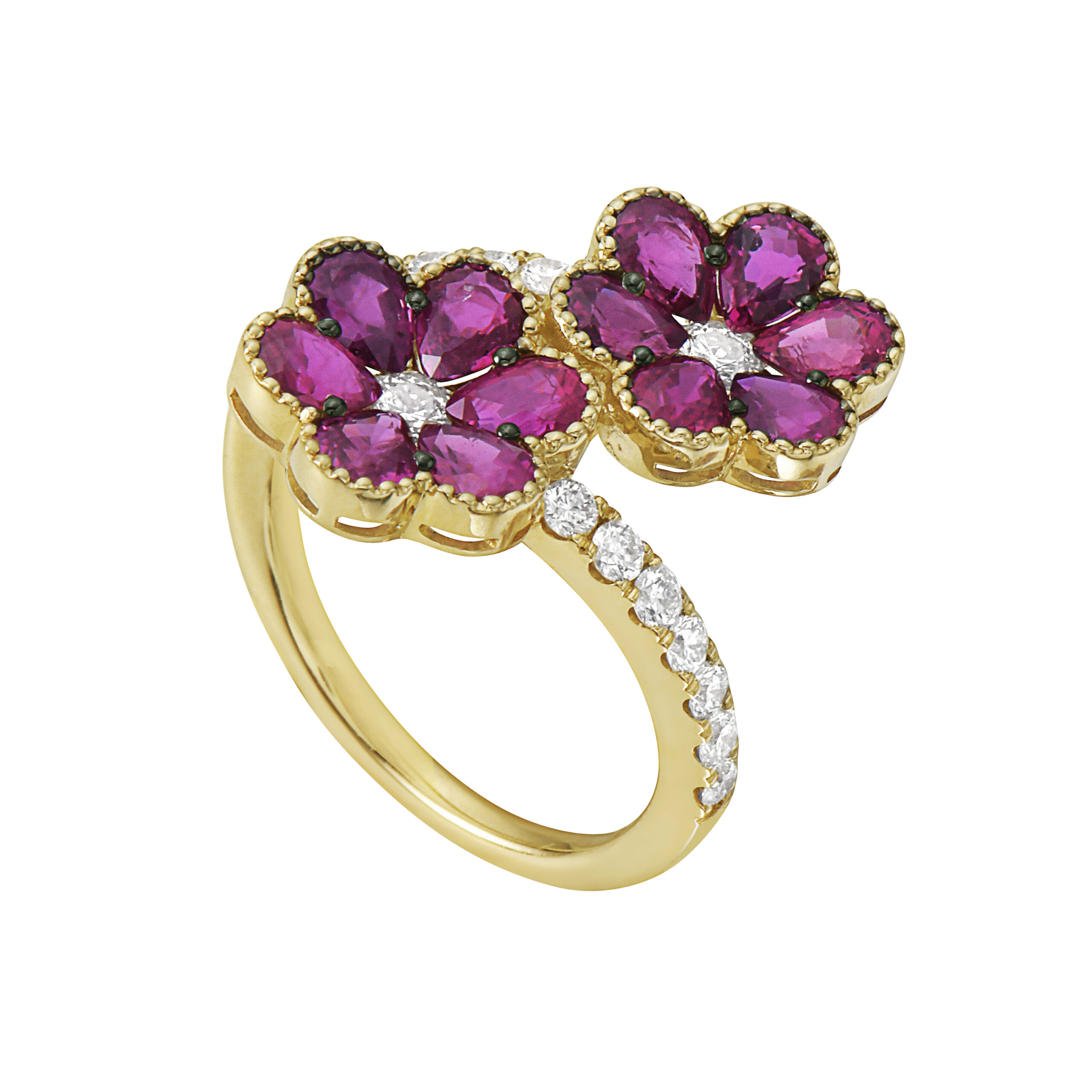Double Flower Ruby Ring In 14K Yellow Gold With Diamonds