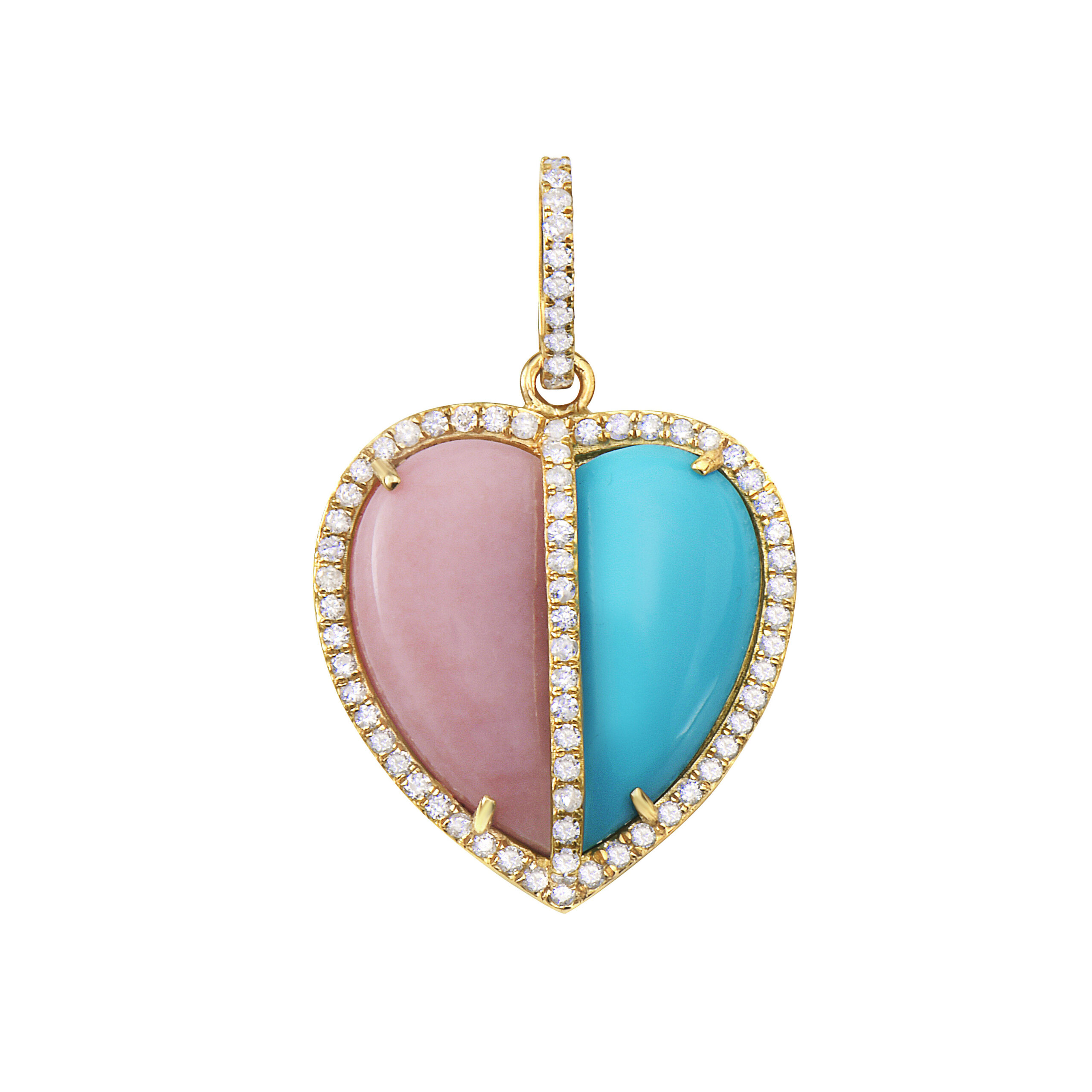 Mon Coeur Heart Charm in 14K Yellow Gold with Diamonds, Turquoise, And Pink Opal