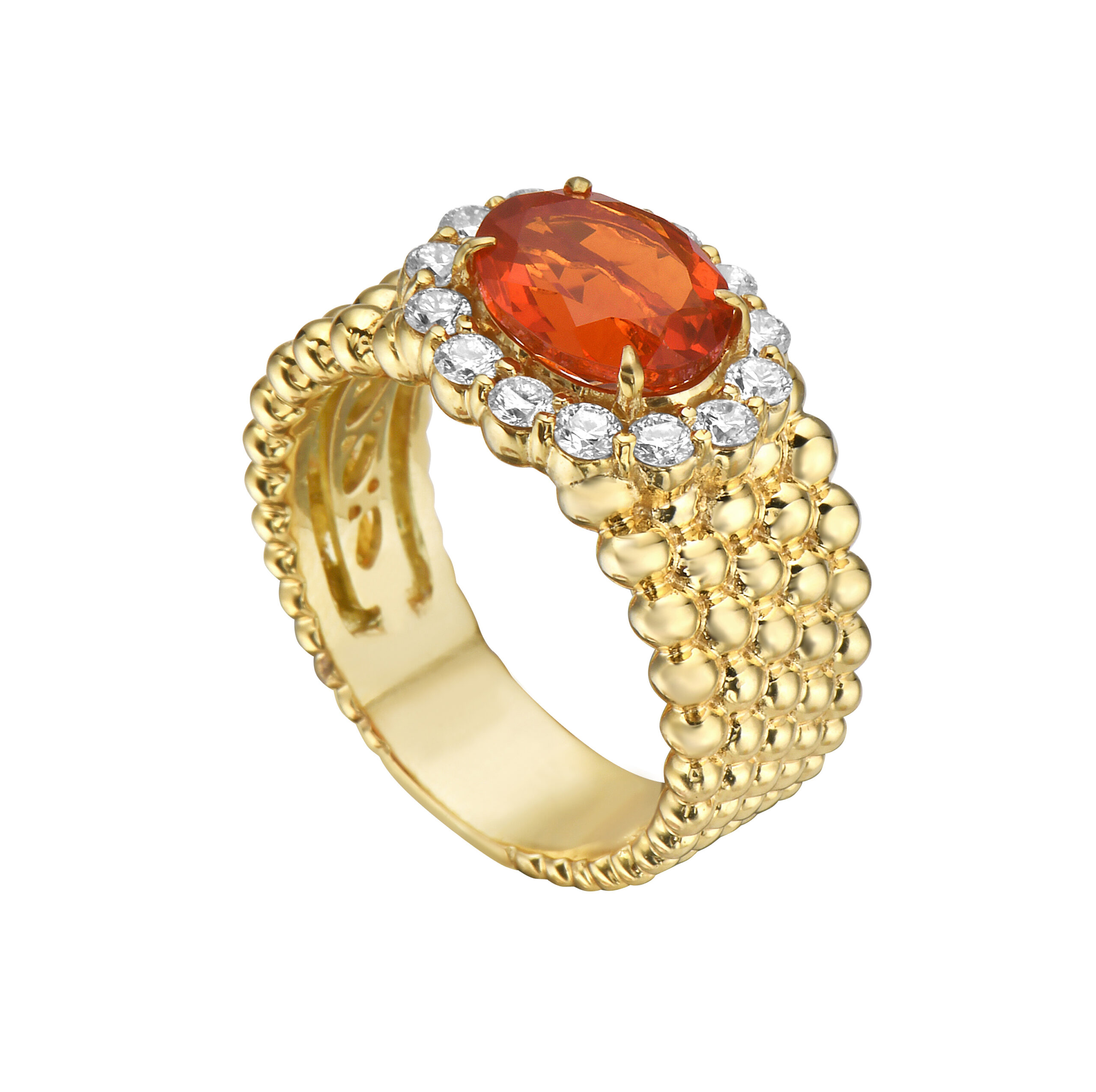 Phoenix Fire Opal Bead Ring In 18K Yellow Gold With Diamonds