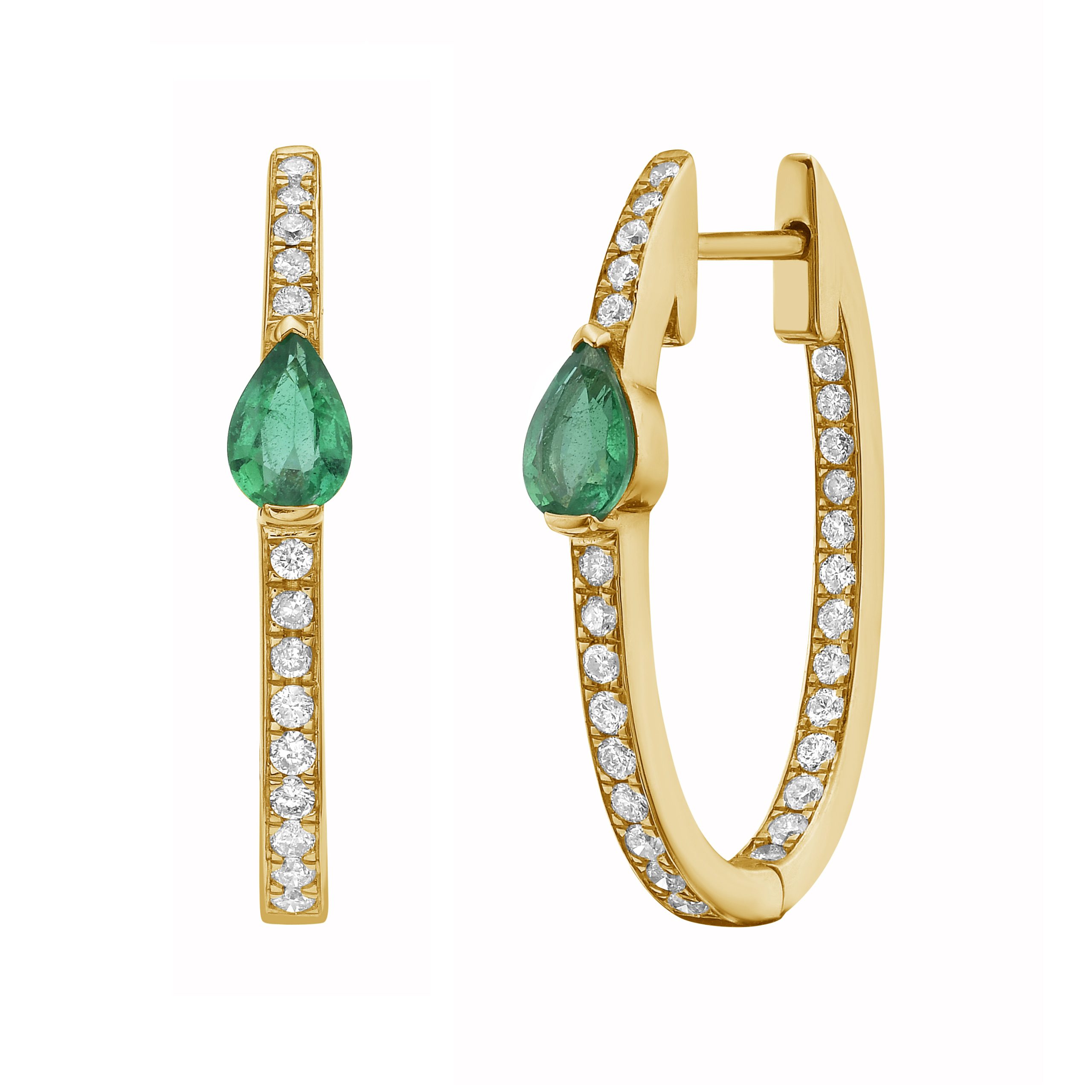 Emerald and Diamond Elongated Hoop Earrings