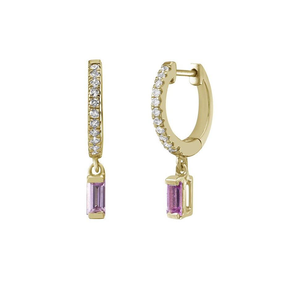 Diamond and Pink Sapphire Baguette Dangle Huggie Earrings